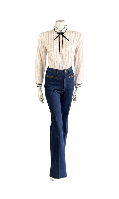 VTG 70S WHITE PINK BLACK EDWARDIAN FLORAL STRIPE VELVET BOW RUFFLE SHIRT 16