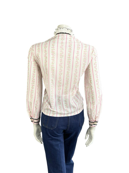 VTG 70S WHITE PINK BLACK EDWARDIAN FLORAL STRIPE VELVET BOW RUFFLE SHIRT 16