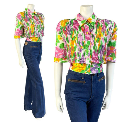 VTG 70S 80S WHITE GREEN PINK ORANGE PLEATED NEW WAVE DAGGER COLLAR CROP SHIRT 16