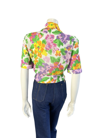 VTG 70S 80S WHITE GREEN PINK ORANGE PLEATED NEW WAVE DAGGER COLLAR CROP SHIRT 16