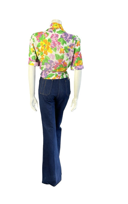 VTG 70S 80S WHITE GREEN PINK ORANGE PLEATED NEW WAVE DAGGER COLLAR CROP SHIRT 16