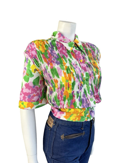 VTG 70S 80S WHITE GREEN PINK ORANGE PLEATED NEW WAVE DAGGER COLLAR CROP SHIRT 16