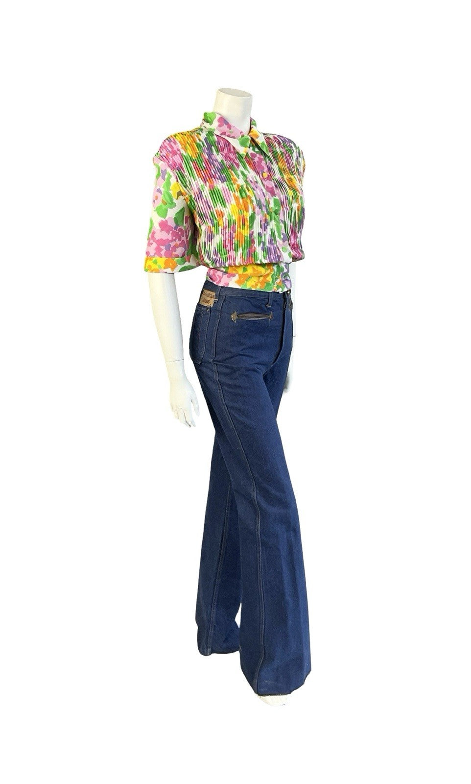 VTG 70S 80S WHITE GREEN PINK ORANGE PLEATED NEW WAVE DAGGER COLLAR CROP SHIRT 16