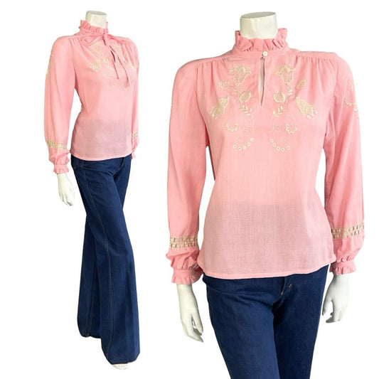 VTG 70S PINK CREAM EDWARDIAN FOLK FLORAL EMBROIDERED BOW COTTON BLOUSE 12