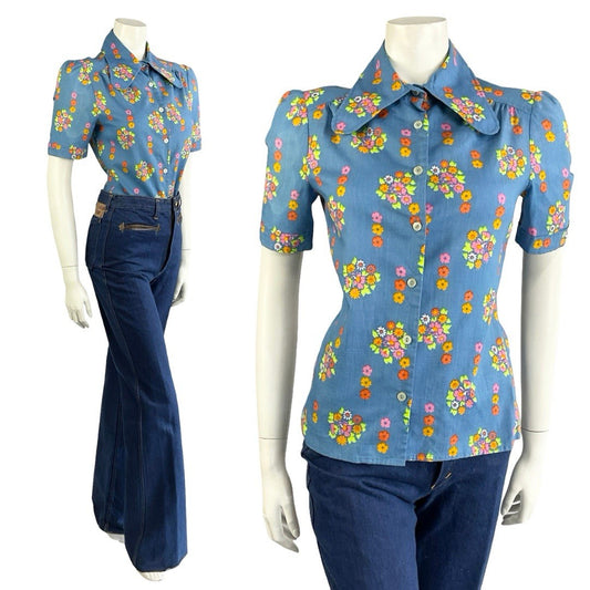 VTG 60S 70S BLUE PINK GREEN ORANGE PSYCHEDELIC FLORAL DOG EAR COLLAR MOD SHIRT 8