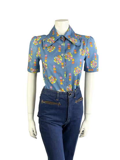 VTG 60S 70S BLUE PINK GREEN ORANGE PSYCHEDELIC FLORAL DOG EAR COLLAR MOD SHIRT 8