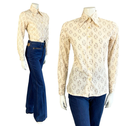 VTG 60S 70S MOD CREAM BROWN PSYCHEDELIC POLKA DOT DAGGER COLLAR SHIRT 8 S