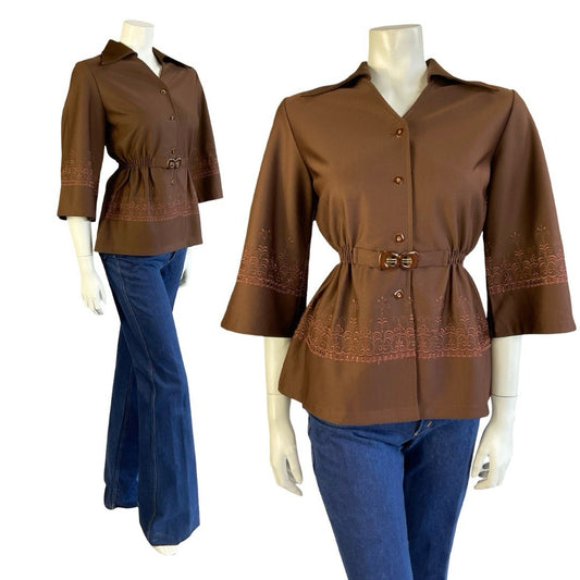 VTG JAPANESE 70S BROWN DAGGER COLLAR WIDE SLEEVE EMBROIDERED ELASTICATED TOP 12