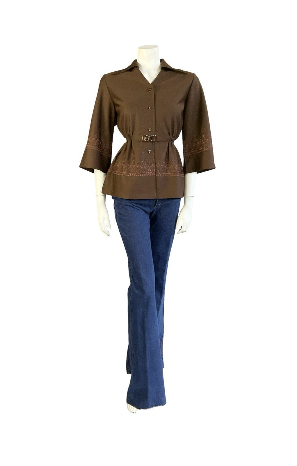 VTG JAPANESE 70S BROWN DAGGER COLLAR WIDE SLEEVE EMBROIDERED ELASTICATED TOP 12