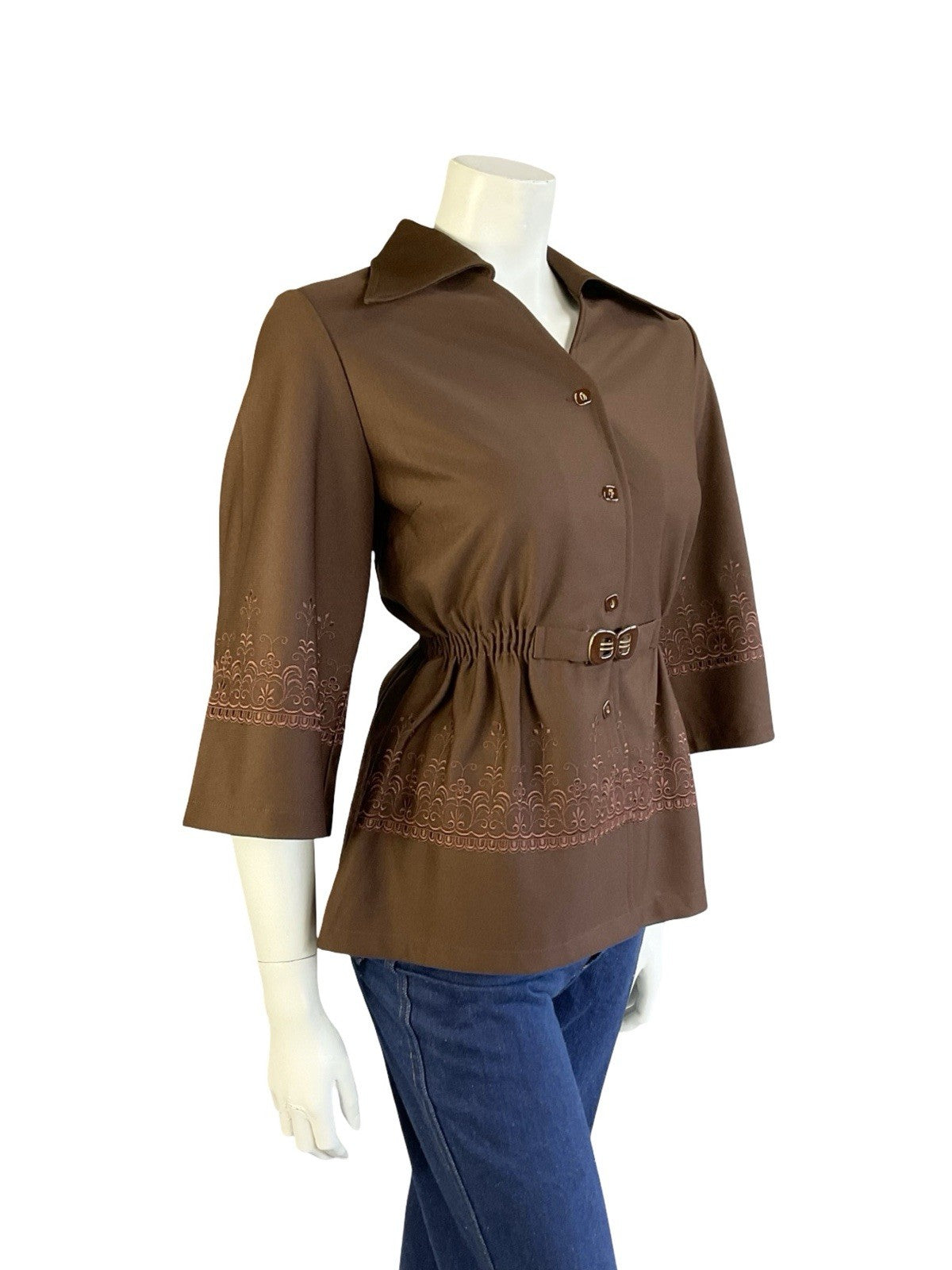 VTG JAPANESE 70S BROWN DAGGER COLLAR WIDE SLEEVE EMBROIDERED ELASTICATED TOP 12