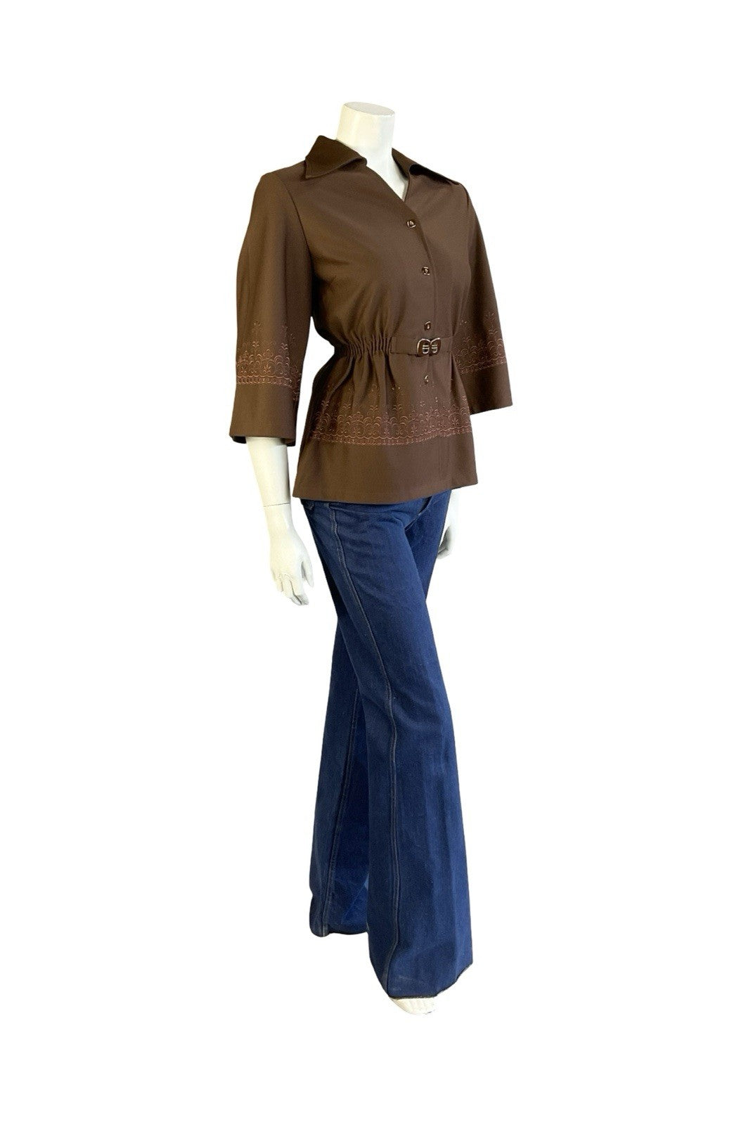VTG JAPANESE 70S BROWN DAGGER COLLAR WIDE SLEEVE EMBROIDERED ELASTICATED TOP 12