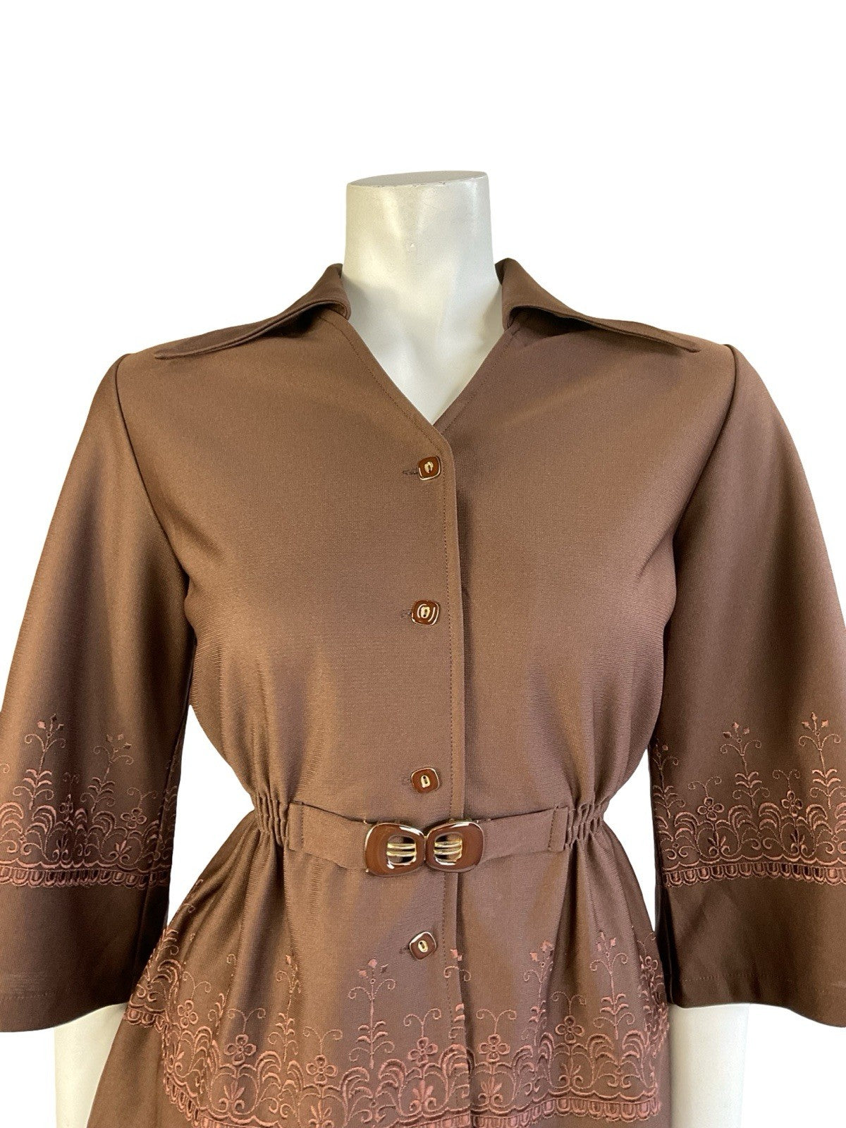 VTG JAPANESE 70S BROWN DAGGER COLLAR WIDE SLEEVE EMBROIDERED ELASTICATED TOP 12