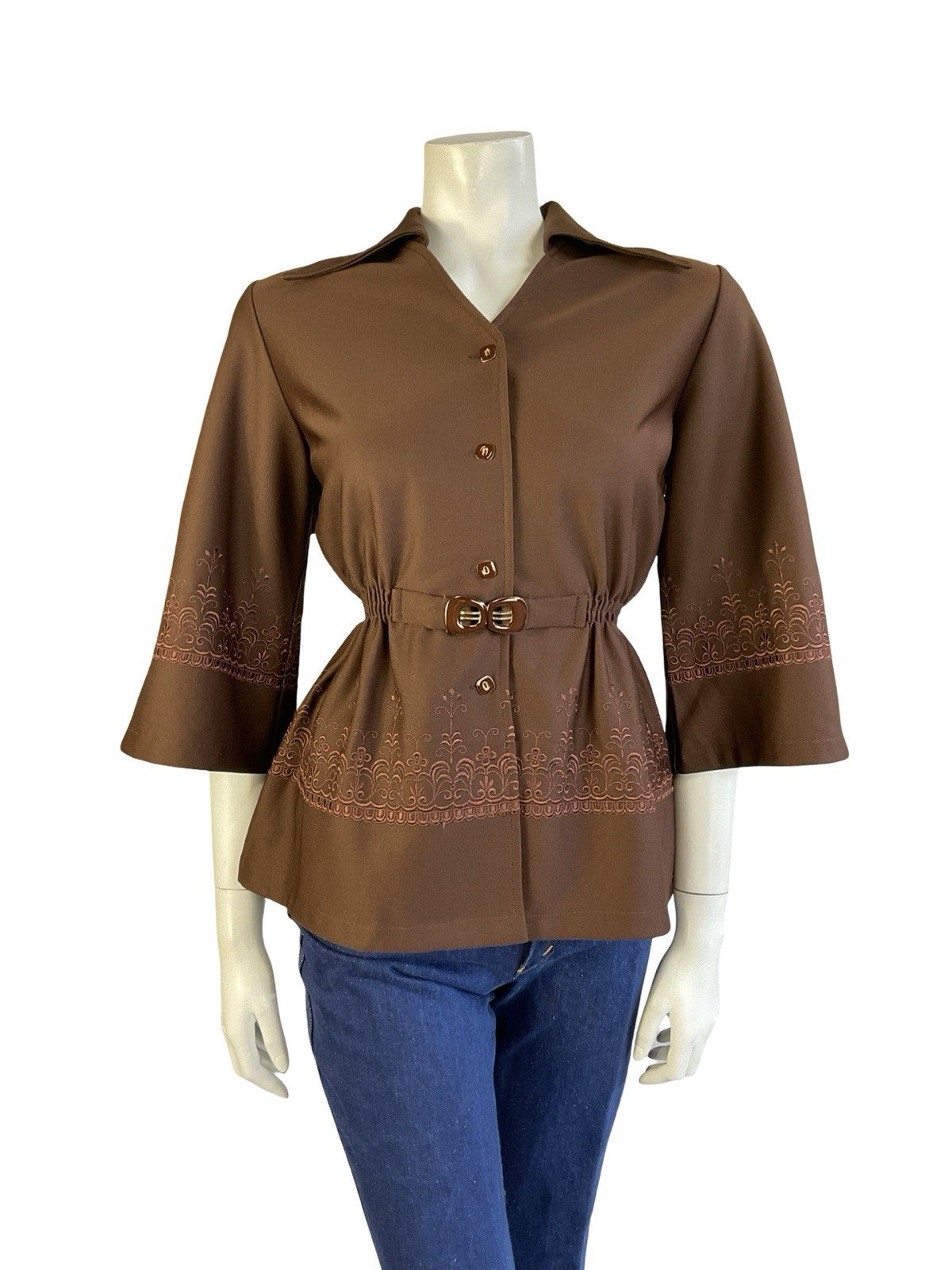 VTG JAPANESE 70S BROWN DAGGER COLLAR WIDE SLEEVE EMBROIDERED ELASTICATED TOP 12
