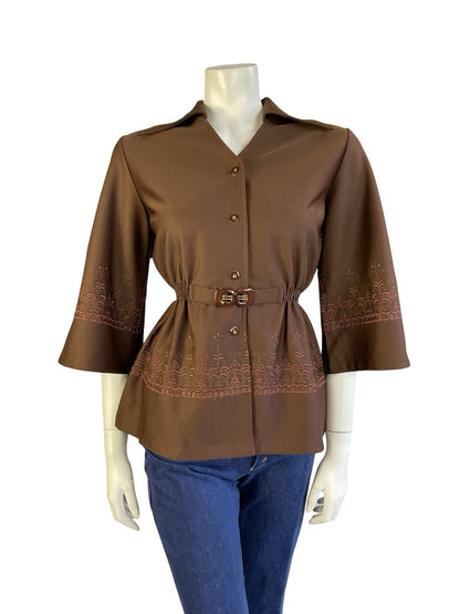 VTG JAPANESE 70S BROWN DAGGER COLLAR WIDE SLEEVE EMBROIDERED ELASTICATED TOP 12