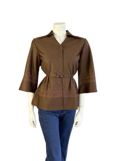 VTG JAPANESE 70S BROWN DAGGER COLLAR WIDE SLEEVE EMBROIDERED ELASTICATED TOP 12