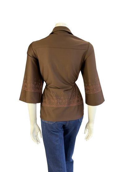 VTG JAPANESE 70S BROWN DAGGER COLLAR WIDE SLEEVE EMBROIDERED ELASTICATED TOP 12