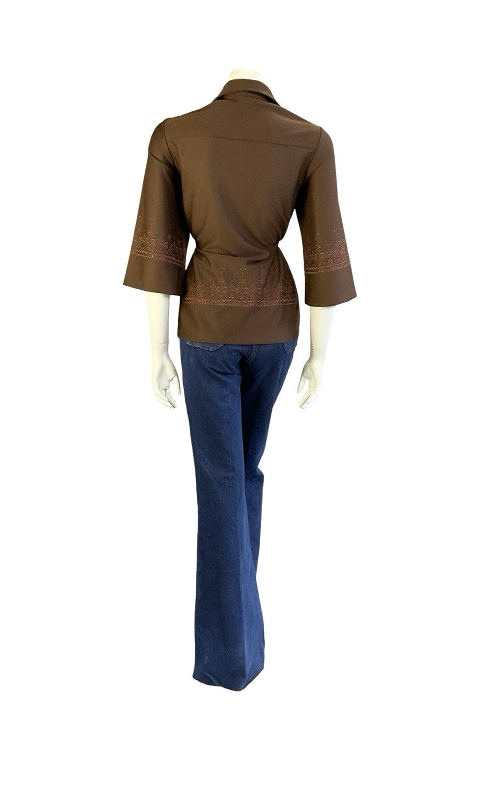 VTG JAPANESE 70S BROWN DAGGER COLLAR WIDE SLEEVE EMBROIDERED ELASTICATED TOP 12