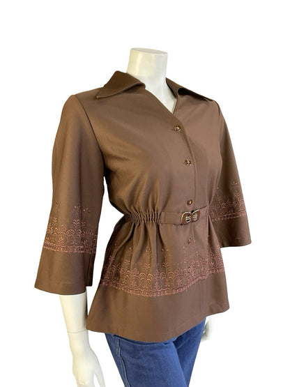 VTG JAPANESE 70S BROWN DAGGER COLLAR WIDE SLEEVE EMBROIDERED ELASTICATED TOP 12
