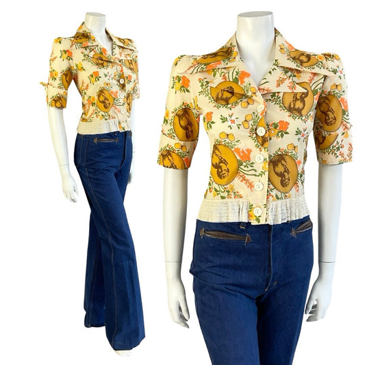 VTG 70S BEIGE ORANGE YELLOW ART DECO FLORAL NOTCH LAPEL DAGGER COLLAR SHIRT 12