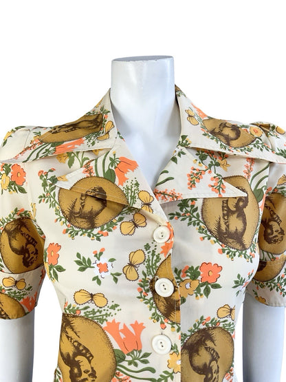 VTG 70S BEIGE ORANGE YELLOW ART DECO FLORAL NOTCH LAPEL DAGGER COLLAR SHIRT 12
