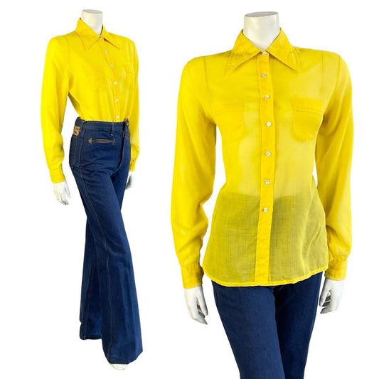 VTG 70S JEAN PHILLIPE MOD YELLOW MONOCHROME DAGGER COLLAR PLEATED SHIRT 14