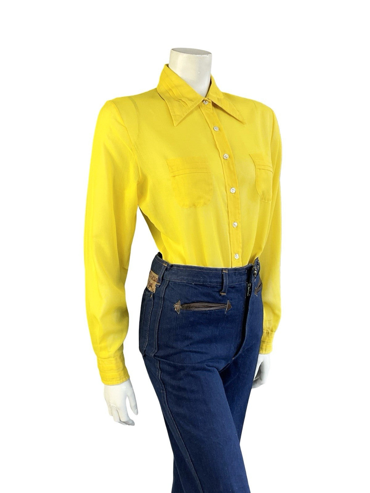 VTG 70S JEAN PHILLIPE MOD YELLOW MONOCHROME DAGGER COLLAR PLEATED SHIRT 14
