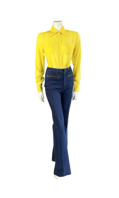VTG 70S JEAN PHILLIPE MOD YELLOW MONOCHROME DAGGER COLLAR PLEATED SHIRT 14