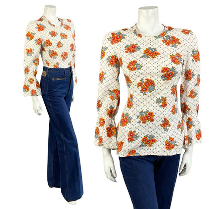 VTG 70S WHITE ORANGE BLUE FLORAL POLKA DOT FLARED SLEEVE BOHO HIPPY BLOUSE 8