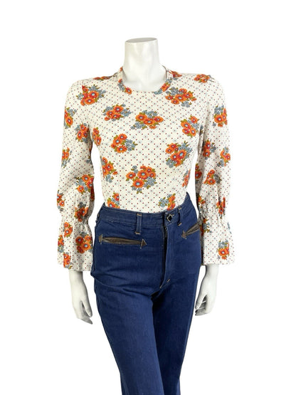 VTG 70S WHITE ORANGE BLUE FLORAL POLKA DOT FLARED SLEEVE BOHO HIPPY BLOUSE 8