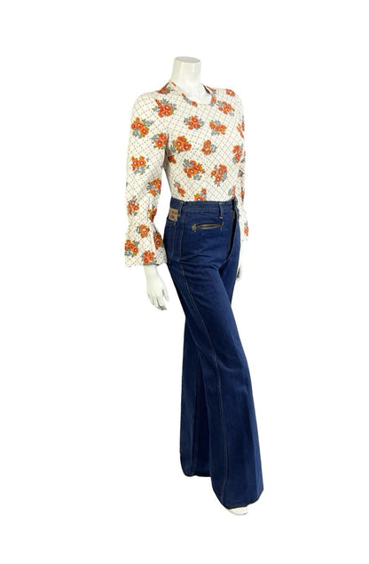 VTG 70S WHITE ORANGE BLUE FLORAL POLKA DOT FLARED SLEEVE BOHO HIPPY BLOUSE 8