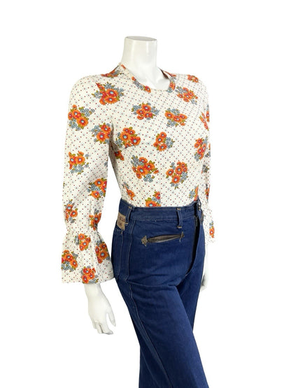 VTG 70S WHITE ORANGE BLUE FLORAL POLKA DOT FLARED SLEEVE BOHO HIPPY BLOUSE 8