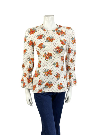 VTG 70S WHITE ORANGE BLUE FLORAL POLKA DOT FLARED SLEEVE BOHO HIPPY BLOUSE 8