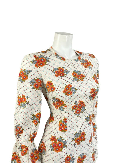 VTG 70S WHITE ORANGE BLUE FLORAL POLKA DOT FLARED SLEEVE BOHO HIPPY BLOUSE 8