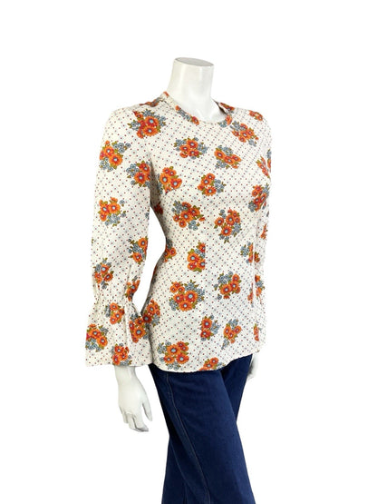 VTG 70S WHITE ORANGE BLUE FLORAL POLKA DOT FLARED SLEEVE BOHO HIPPY BLOUSE 8