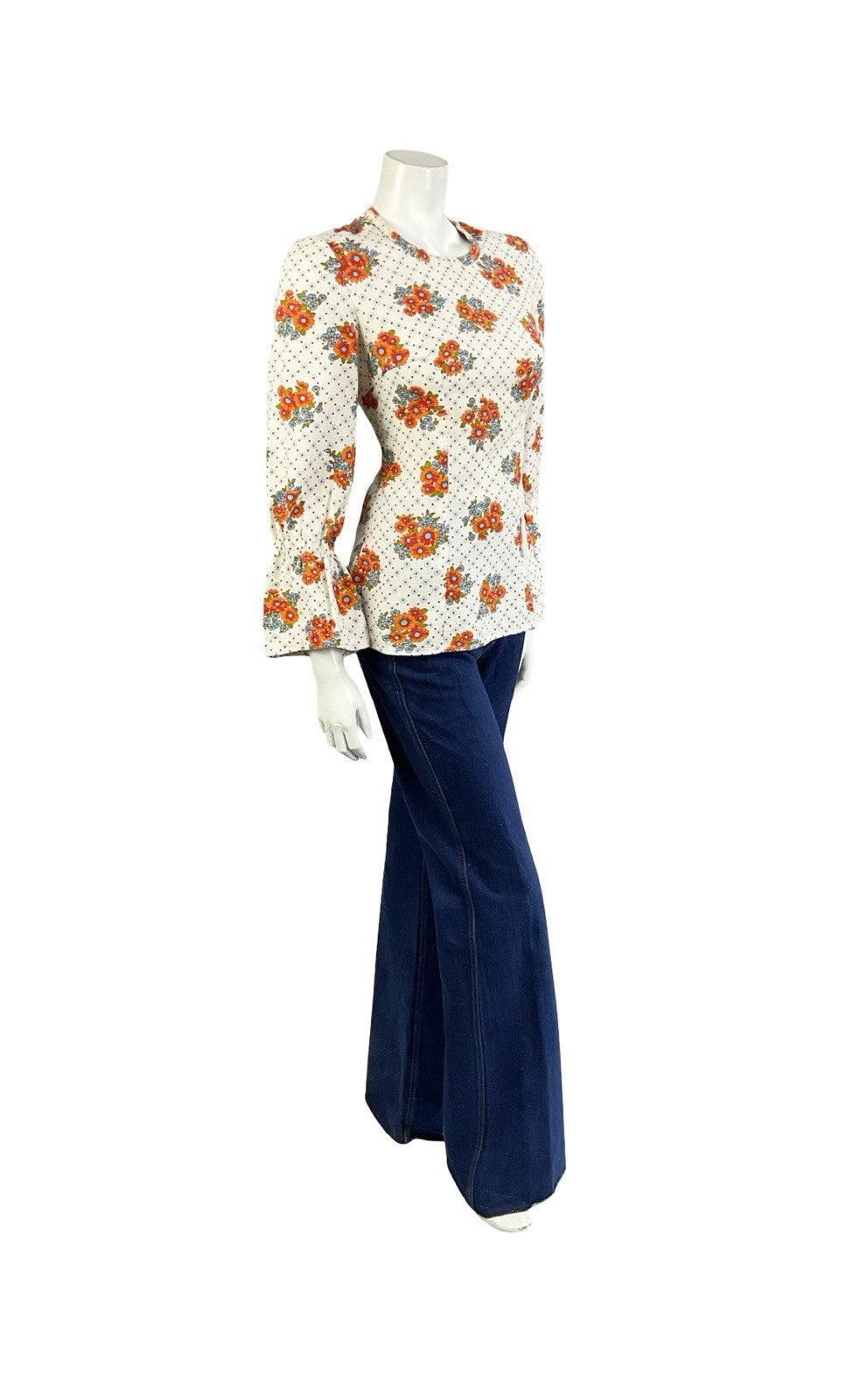 VTG 70S WHITE ORANGE BLUE FLORAL POLKA DOT FLARED SLEEVE BOHO HIPPY BLOUSE 8