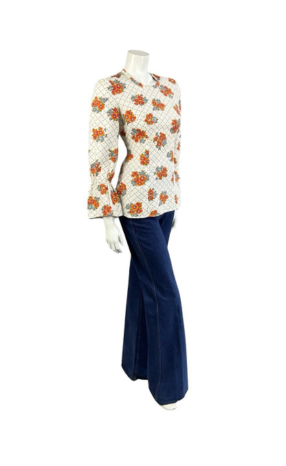 VTG 70S WHITE ORANGE BLUE FLORAL POLKA DOT FLARED SLEEVE BOHO HIPPY BLOUSE 8