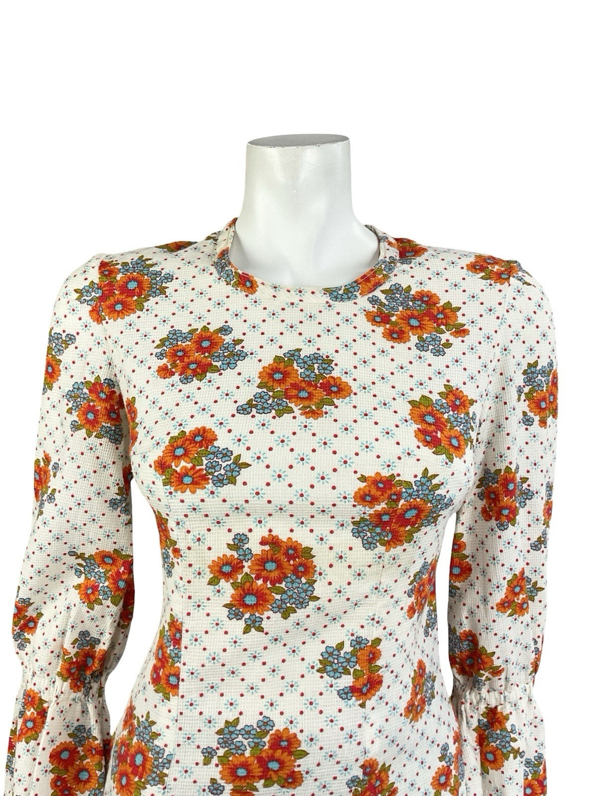VTG 70S WHITE ORANGE BLUE FLORAL POLKA DOT FLARED SLEEVE BOHO HIPPY BLOUSE 8