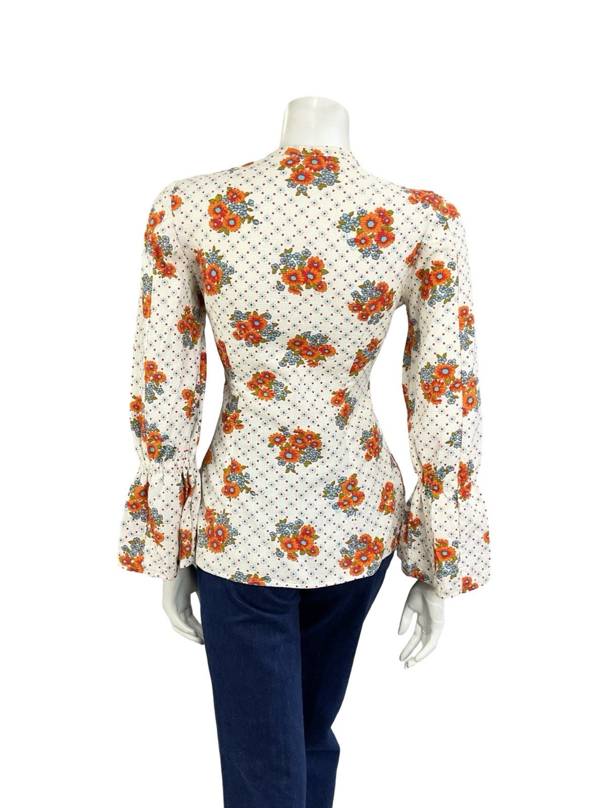VTG 70S WHITE ORANGE BLUE FLORAL POLKA DOT FLARED SLEEVE BOHO HIPPY BLOUSE 8