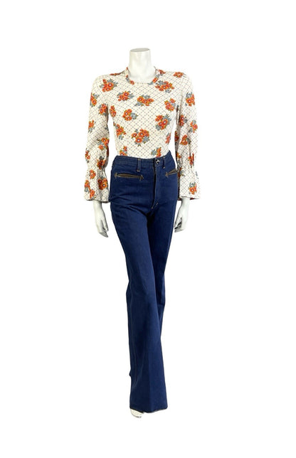 VTG 70S WHITE ORANGE BLUE FLORAL POLKA DOT FLARED SLEEVE BOHO HIPPY BLOUSE 8