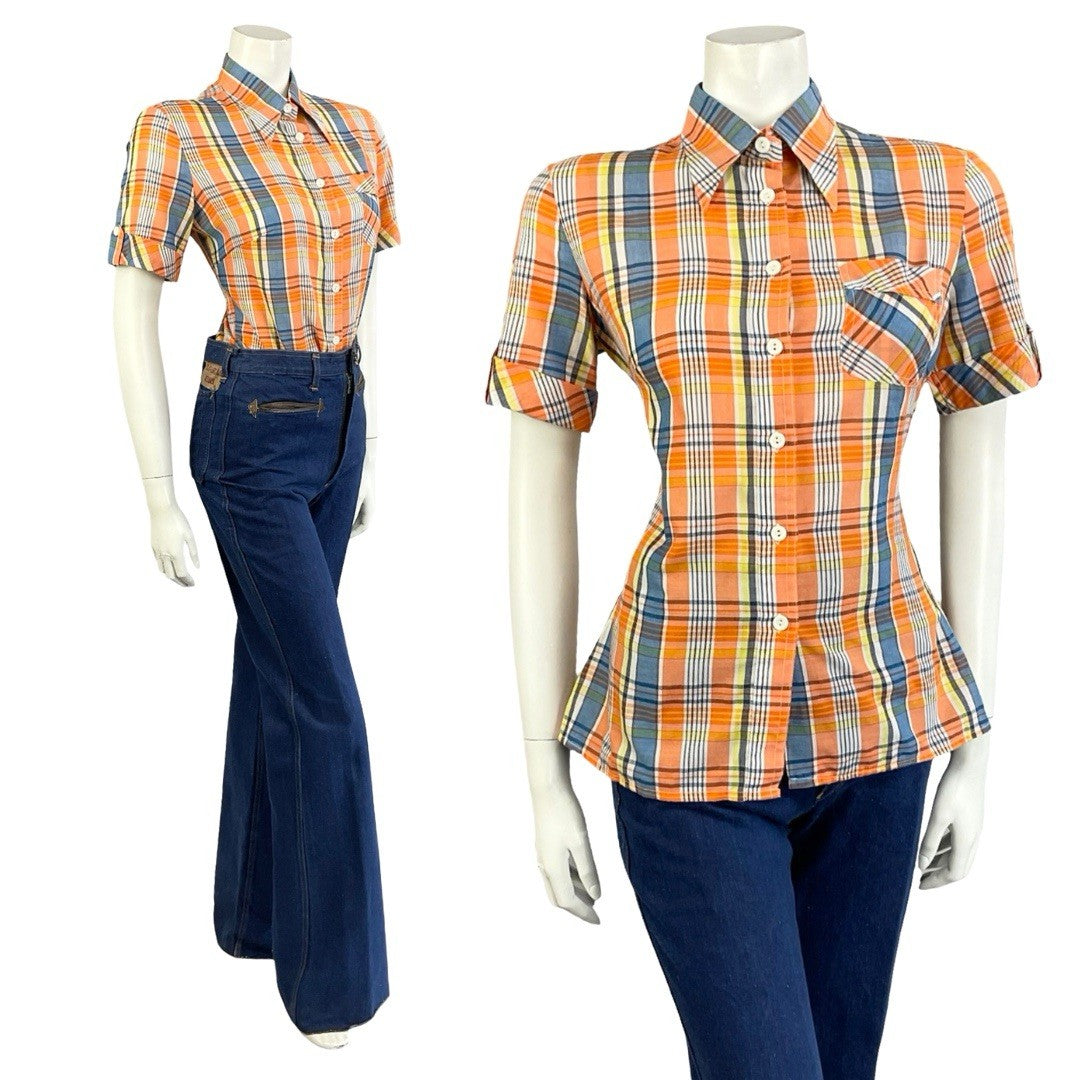 VTG 60S 70S MOD ORANGE YELLOW WHITE BLUE PLAID TARTAN DAGGER COLLAR SHIRT 12