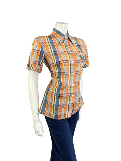 VTG 60S 70S MOD ORANGE YELLOW WHITE BLUE PLAID TARTAN DAGGER COLLAR SHIRT 12