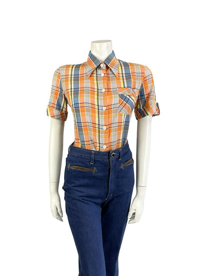 VTG 60S 70S MOD ORANGE YELLOW WHITE BLUE PLAID TARTAN DAGGER COLLAR SHIRT 12
