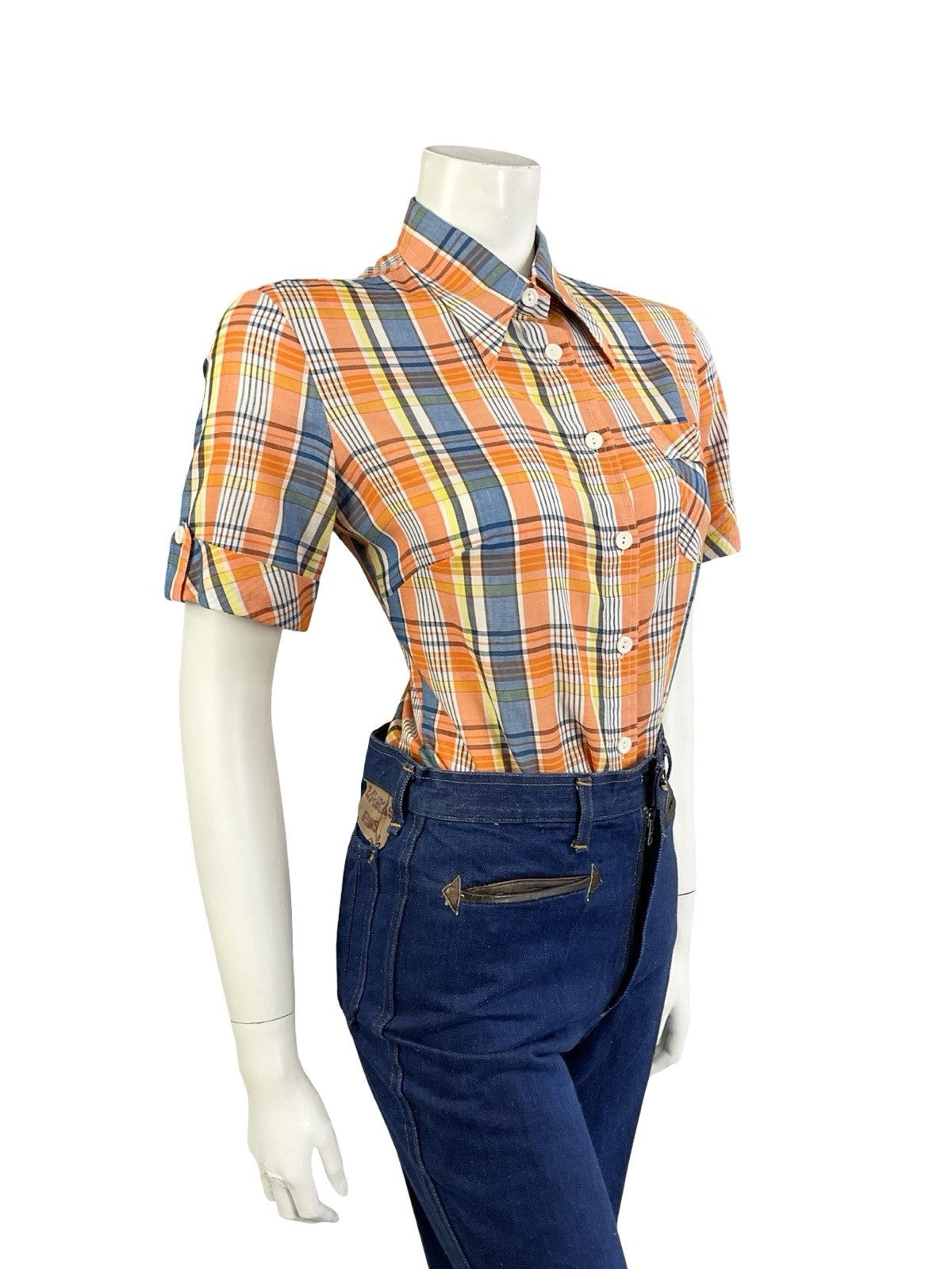 VTG 60S 70S MOD ORANGE YELLOW WHITE BLUE PLAID TARTAN DAGGER COLLAR SHIRT 12