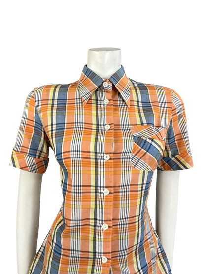 VTG 60S 70S MOD ORANGE YELLOW WHITE BLUE PLAID TARTAN DAGGER COLLAR SHIRT 12