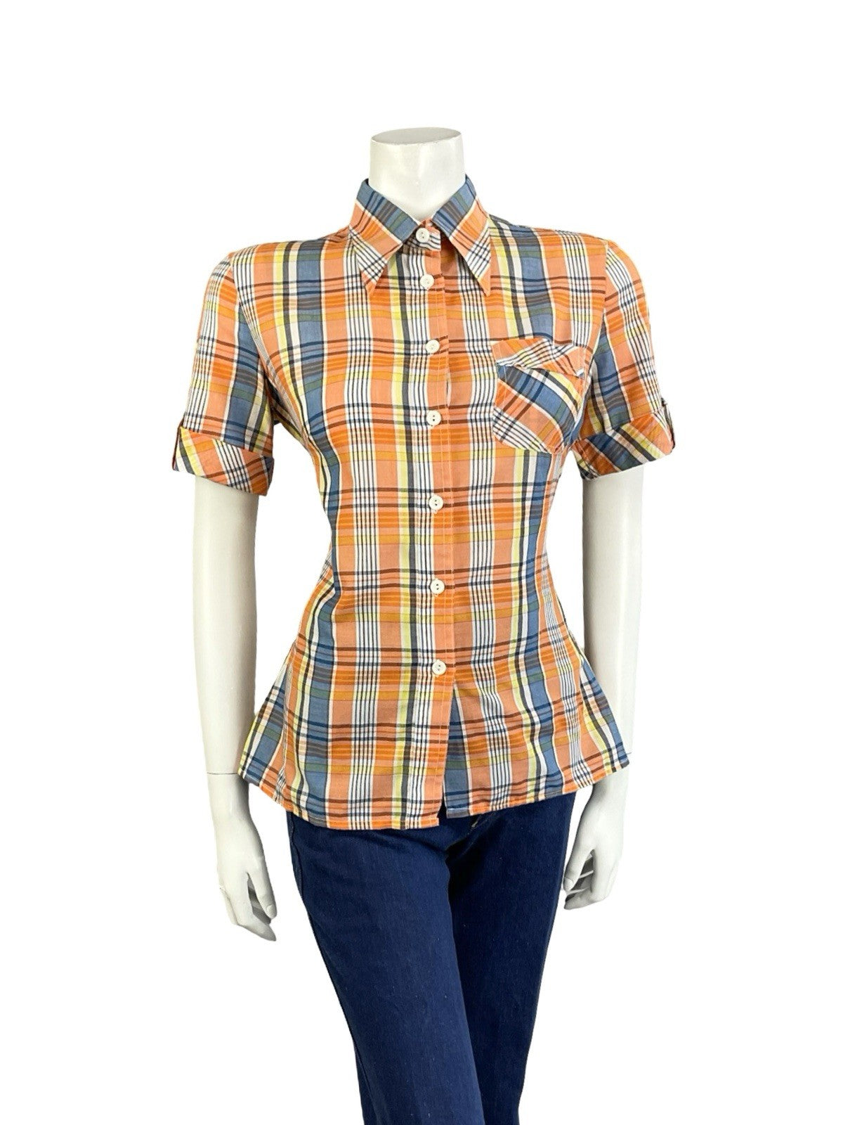 VTG 60S 70S MOD ORANGE YELLOW WHITE BLUE PLAID TARTAN DAGGER COLLAR SHIRT 12
