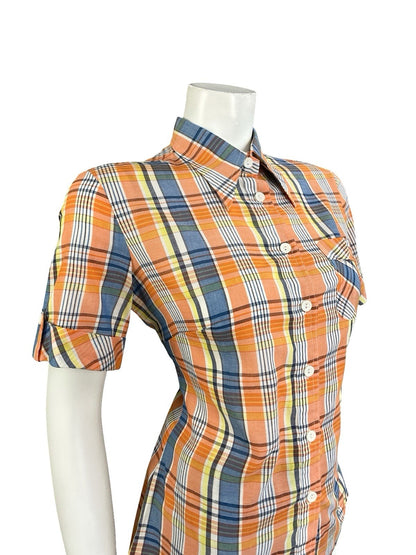 VTG 60S 70S MOD ORANGE YELLOW WHITE BLUE PLAID TARTAN DAGGER COLLAR SHIRT 12