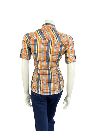 VTG 60S 70S MOD ORANGE YELLOW WHITE BLUE PLAID TARTAN DAGGER COLLAR SHIRT 12