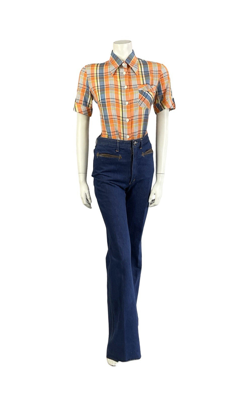 VTG 60S 70S MOD ORANGE YELLOW WHITE BLUE PLAID TARTAN DAGGER COLLAR SHIRT 12