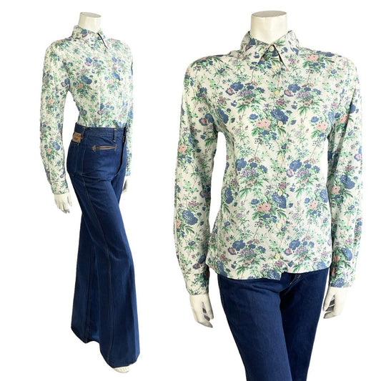 VTG 60S 70S WHITE BLUE PURPLE PINK FLORAL ROSE DAGGER COLLAR MOD SHIRT 10