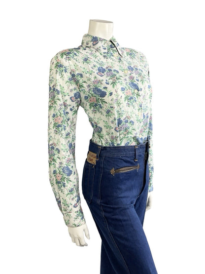 VTG 60S 70S WHITE BLUE PURPLE PINK FLORAL ROSE DAGGER COLLAR MOD SHIRT 10